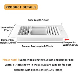 2 Pack Air Vent Cover Ceiling Register, FanGoFast Wall Vent 3-Way Plastic Sidewall Ceiling Vent Covers Inlet w/Manual Adjuster for Home, Office, Bathroom, Toilet (10x6 Inch-Duct Opening)