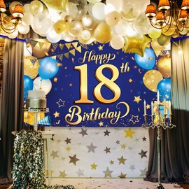 KatchOn, Happy 18th Birthday Banner for Boys - XtraLarge, 72x44 Inch | Happy Bday Backdrop for Blue and Gold 18th Birthday Decorations for Boys, Girls | Blue and Gold Party Decorations