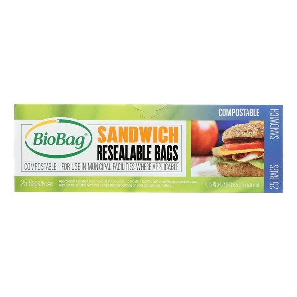 BioBag 100% Certified Compostable Resealable Sandwich Bags, 25 Count, Perfect for Lunches, Snacks, and On The Go, Green