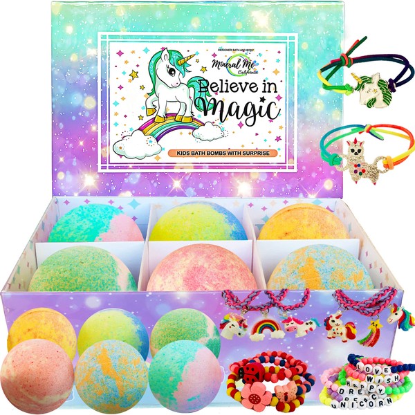 Unicorn Bath Bombs for Girls with Jewelry Inside Plus Jewelry Box for Kids - 6 Pack Skin Moisturizing Natural and Organic Bath Bombs for Kids with Surprise Inside, Birthday & Halloween Party Favors