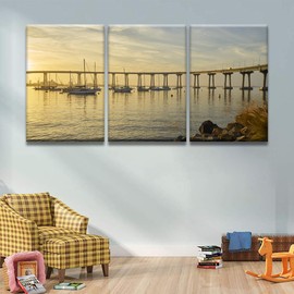 Canvas Wall Art Coronado Bridge at Dusk Wall Decor 3 Pieces San Diego Bay Wall Painting Coronado Island Wall Art for Living Room Bedroom Bathroom Stretched and Framed Ready to Hang 16X24X3 INCH
