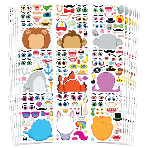 JOYIN 36 PCS Make-a-face Sticker Sheets Make Your Own Animal Mix and Match Sticker Sheets with Safaris, Sea and Fantasy Animals Kids Party Favor Supplies Craft
