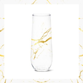 TOSSWARE RESERVE 9oz Stemless Flute, Gold Foil Marble Series, SET OF 4, Premium Quality, Tritan Dishwasher Safe & Heat Resistant Unbreakable Plastic Printed Glasses