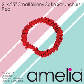 Amelia Beauty, Red, Skinny Satin Scrunchies, 12 Pack – 2in Diameter, Gentle & Strong Hold, No-Snag, No-Dent, Crease-Free Hair Ties