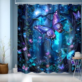 JINGYOU Blue Shower Curtain,Bathroom Shower Curtain 200cm Drop,Weighted Shower Curtains for Bathroom,3D HD Butterfly Theme Bath Curtain with 12 Hooks- Shower Curtain 180 x 200cm Drop