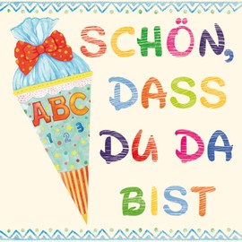 20 Napkins First Day of School Decoration Boy with Saying Schön, dass Du da bist in Beige and Blue Napkins First Day of School for First Day of School Table Decoration 33 x 33 cm