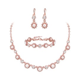 EVER FAITH Wedding Jewellery Set for Bridesmaid Rhinestone Crystal Faux Pearls Flower Bridal Necklace Dangle Earrings Bracelet Set for Women Clear Gold Tone, Crystal