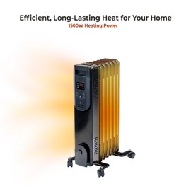Comfort Zone 1500W Oil-Filled Radiator Heater – Portable Electric Space Heater with Remote, Digital Display, Adjustable Thermostat, Tip-Over & Overheat Protection, No Refill Needed, Black