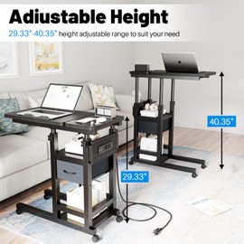 DAPOTUGI Height Adjustable Overbed Table with Wheel and Charging Station, Tiltable Desk C Shaped End Table for Couch, 2-Tier Overbed Bedside Desk with Storage Shelve for Living Room Bedroom