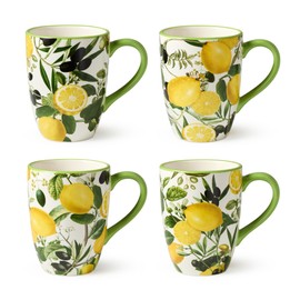 Limone Set of 4 Ceramic Mugs 14 oz. - Assorted Lemon-Themed Designs, Durable, Shatterproof, and Dishwasher-Safe Coffee Cups for Everyday Use and Entertaining