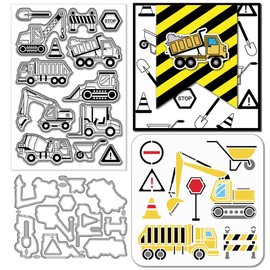 GLOBLELAND Engineering Vehicle Clear Stamps Cutting Dies PET Painting Stencils for Card Making Warning Signs Silicone Stamp Metal Trolley Die Cuts PET Paint Stencils for DIY Scrapbooking