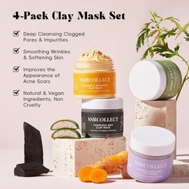 ANRCOLET 4-Pack Clay Face Mask Set (Total 280g) - Vitamin C Turmeric Charcoal BHA Artemisia Salicylic and Purple Mask for Deep Pore Cleansing Oil Control Blackhead Removal Skincare / ANRCOLET 4팩 클레이 페이스 마스크 세트(총 280g) - 비타민 C 강황 차콜 BHA 쑥 살리실릭 및 퍼플 마스크로 딥 모공 클렌징 오일 컨트롤 블랙헤드 제거 스킨케어