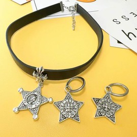 KONFEN Pentagram Jewellery Set for Women, Gothic PU Leather Costume Jewellery Choker Necklace and Earrings Set Vintage Costume Necklace Stud Costume Jewellery Set for Women and Girls