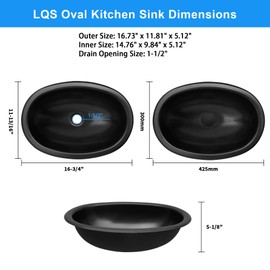 LQS Black Oval RV Kitchen Sinks, 16.73" x 11.81" Small Bathroom Sinks, Stainless Steel Small Sink with Oval RV Kitchen Sink Features, Includes Sink Drain Assembly