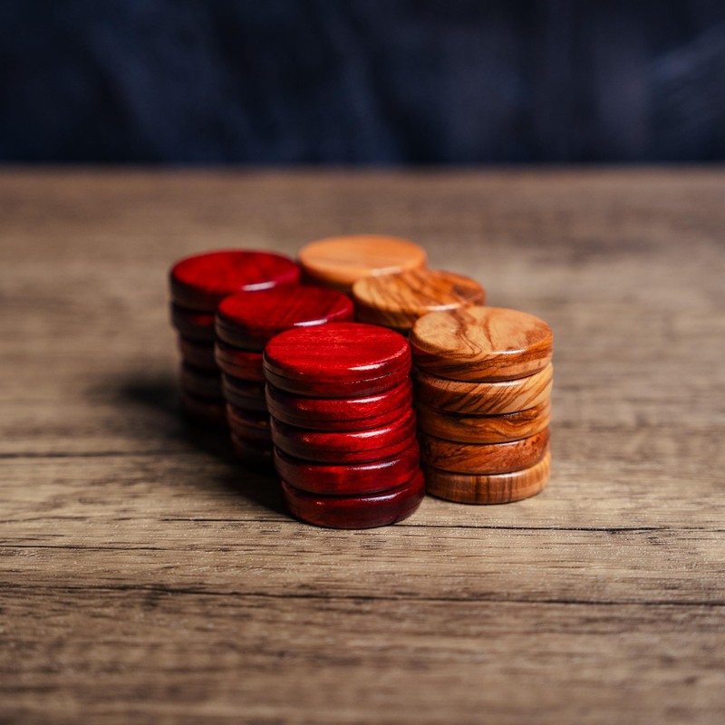 Luxury Manopoulos Olive Wood 36mm Backgammon Checkers - Red and