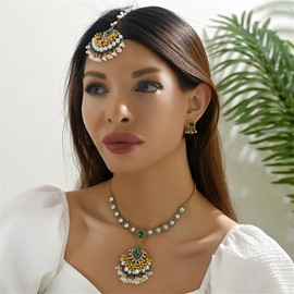 Boho Tassel Jhumka Statement Earrings Necklace Jewelry Set for Women Gold-Toned Bohemian CZ Chandelier Dangle Drop Vintage Indian Bollywood Tribal Festival Holiday Accessories Gifts (Green)