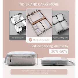 Meowoo Compression Packing Cubes 7 Set, Ripstop Mesh Travel Organizers for Luggage, Multi-Functional Ultralight Expandable Packing Cubes for Suitcase, Carry-on Luggage, Travel, Backpack, Beige