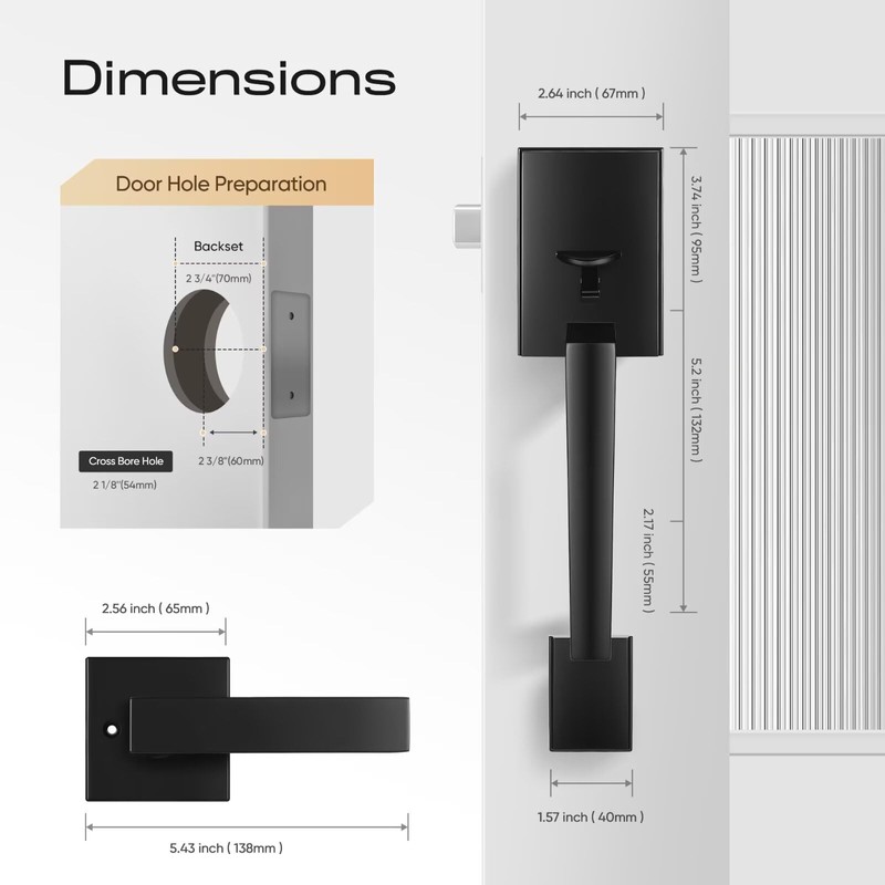 Leydebong Black Front Door Handle Set with Reversible Lever -