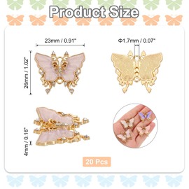 sourcing map 20 Pcs Mini Butterfly Charm, Metal Gold Plated Butterfly Pendant with Diamond for Jewelry Making DIY Bracelet Necklace Earring Phone Accessories Keychain, Light Purple, 23x26mm