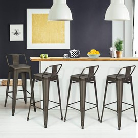 COSTWAY Metal Bar stools Set of 4, with Removable Back, Cafe Side Chairs with Rubber Feet, Stylish and Modern Chairs, for Kitchen, Dining Rooms, and Side Bar (Gun, 30'')