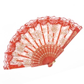 EOSAU Handheld Chinese Folding Fan Lace Hand Fans for Women Foldable Bulk for Party Wedding Church Dancing (Red)