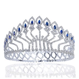 Janefashions Floral Full Crown Clear Red Green Austrian Rhinestone Crystal Silver Gold Metal Tiara Pageant Pageant Prom Large T1406 … (Blue/Silver)