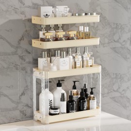 zeochyni 2 Tier Shower Caddy Shelf, Removable Adhesive Bathroom Caddy Shower Storage Shower Basket, No Drilling Hang Walls Adhesive Shelf or Bathroom Counter Organizer (Cream)