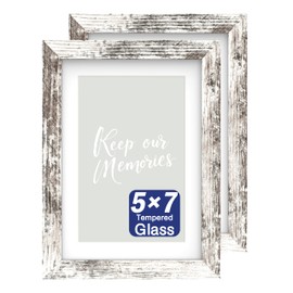 An&He 5x7 Picture Frame Set of 2, White Wood Grain Photo Frame for Wall Mounting or Tabletop Display