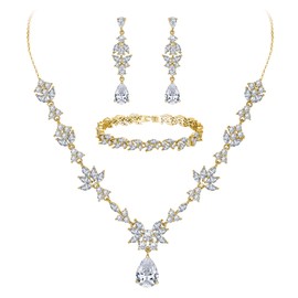 BriLove Wedding Jewelry Set for Women, Y-Necklace Tennis Bracelet Dangle Earrings with AAA Cubic Zirconia Teardrop Leaf Vine for Bridal Bridesmaid Clear-Gold Toned