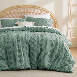 Bedsure Boho Duvet Cover Queen - Tufted Duvet Cover Queen Size for All Seasons, 3 Pieces Soft Shabby Chic Embroidery Boho Bedding Duvet Cover for Gifts (Sage Green, Queen, 90x90)