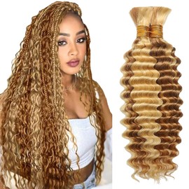 Tuheerst P27/613 Highlight Blonde Color Human Braiding Hair For Boho Deep Wave No Weft 50g/Bundle Total 100g Unprocessed Crochet Braids Hair Extension 24 24 Inch