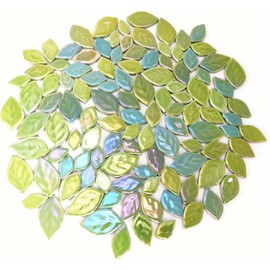 BTMIEY 500g Random Iridescent Leaves Ceramic Mosaic Tiles Creative 3 Sizes Ceramic Mosaic Pieces for Crafts Flower Pots Vases Cups Garden Decoration Mosaic Making Light Green