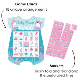 Big Dot of Happiness Narwhal Girl - Picture Bingo Cards and Markers - Under The Sea Baby Shower Shaped Bingo Game - Set of 18