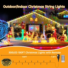 Tacopet String Lights Outdoor Indoor Christmas Lights Decorations RGB Multicolor 300 LED 100FT Remote Control 8 Modes Waterproof for Outside Porch Garden