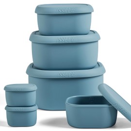 ISSEVE 6Pcs/Set Nesting Silicone Food Storage Containers with Lids, BPA Free Reusable Meal Prep Silicone Containers Lunch Box Bento Box Set (33.8oz, 20oz, 10oz, 6.7oz, 1.3oz) (Blue)