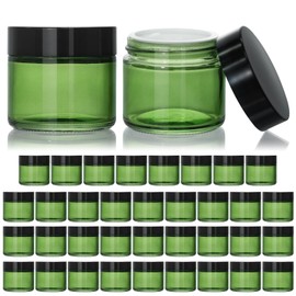 KEYWING 2oz Green Small Glass Jars with Black Lids, 35 Pack Empty Glass Cosmetic Jars with Inner Liners for Lotions, Cream, Powders and Ointments