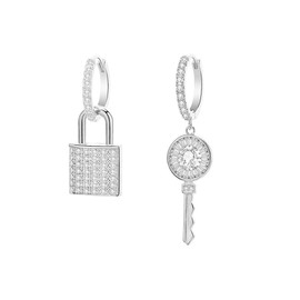 2019 Rose Gold Silver Asymmetric Earrings with Lock and Key for Women Anniversary Gift, Alloy Steel, Cubic Zirconia