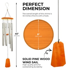 Hanway Beautiful Wind Chimes with Deep Tone for Outside - 6 Durable Anodized Aluminum Tubes, Real Wood Top & Windsail, Convenient Hanging Hook. for Indoor, Memorial, Sympathy,(Silver, 45 inches)