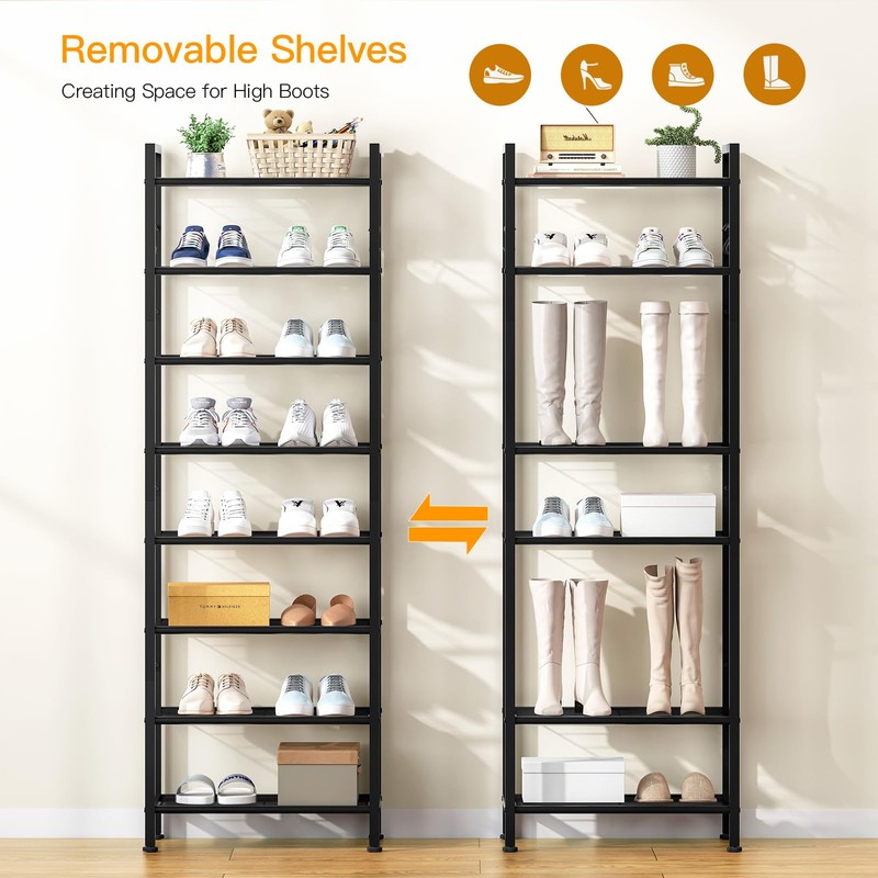 8 Tiers Narrow Shoe Rack 16-24 Pairs, Sturdy Metal Tall