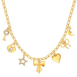 BONJOULRY Charm Necklace for Women Gold Cute Key Lock Bow Ribbon Knot Heart Star Moon Pendant Necklace Dainty Paperclip Chain Charms Choker Necklace Y2K Preppy Christmas Jewelry Bowknot