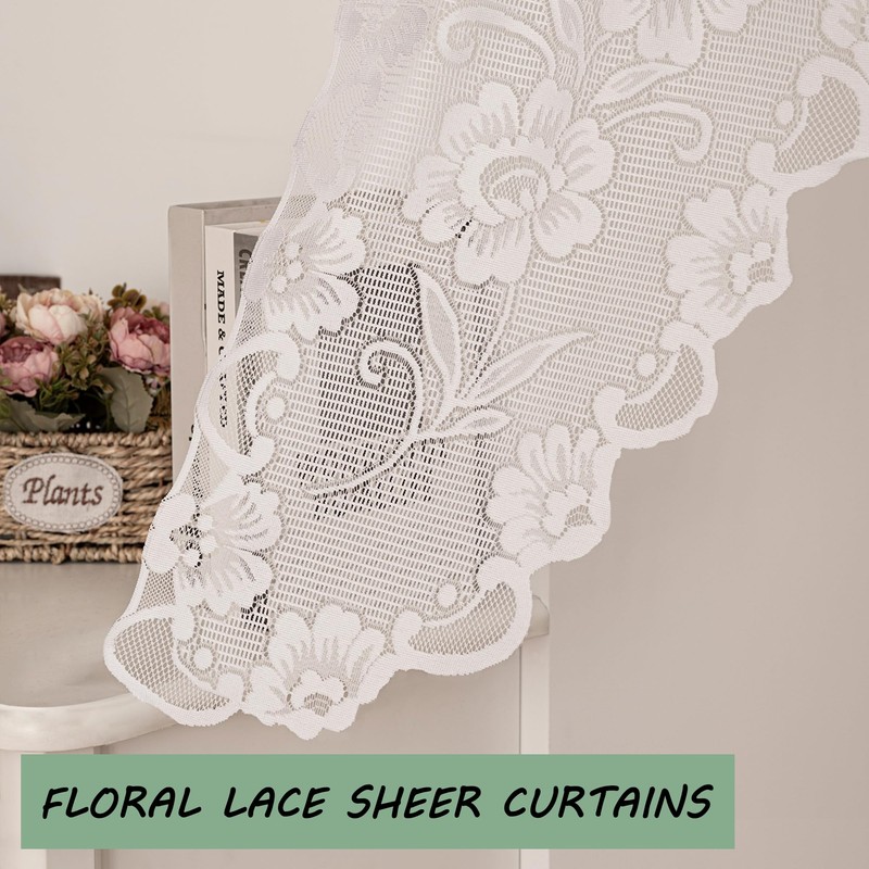 Jayla White Semi-Sheer Floral Lace Curtain Swag for Kitchen Half