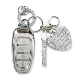 Simocky Fit for Hyundai Key Fob Cover with Diamond Keychain, Compatible with Hyundai 2020-2023 Sonata Santa fe Tucson Smart Key Protector for Women (5 Buttons, Silver)