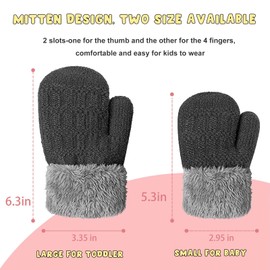 Winter Mittens Gloves Beanie Hat Set for Kids Baby Toddler Children, Thick Warm Knit Fleece Lined Thermal Set for Boys Girls, Black&gray