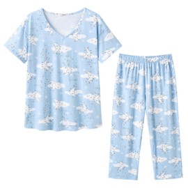 dodoin 2 Pack Womens Pajamas Set Cotton Sleepwear Short Sleeve Tops and Capri Pants Fun Prints Pjs(GS+BM,S)
