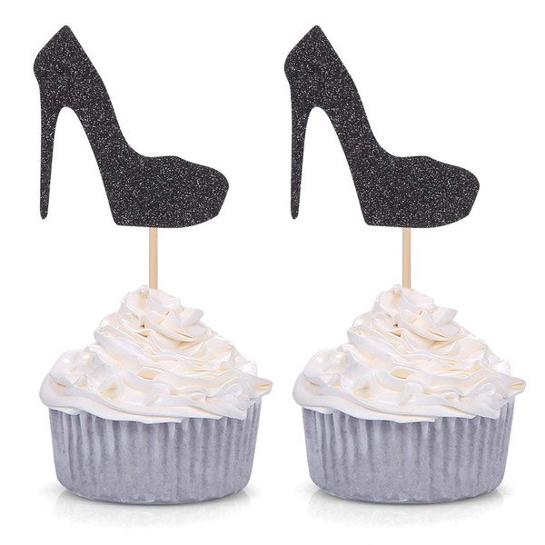 Pack of 24 Black Glitter High Heel Cupcake Toppers for Wedding Engagement Bridal Shower Party Stiletto Pump Decorations