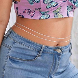 Wriidy Layered Silver Beaded Waist Chain Belly Chain Women Shiny Body Jewelry Accessories for Beach