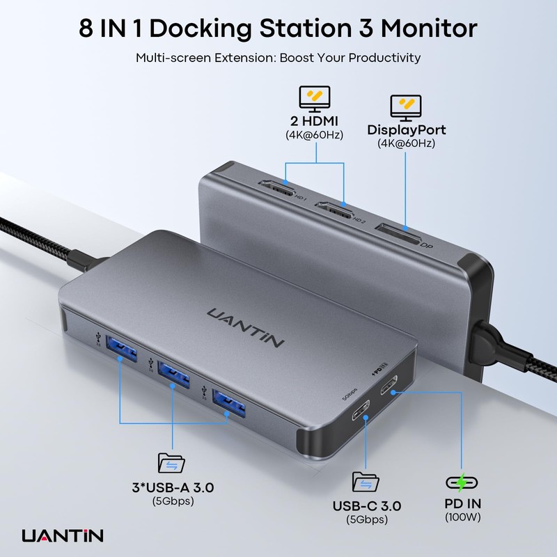 UANTIN Laptop Docking Station 3 Monitors, 8-in-1 USB C Dock