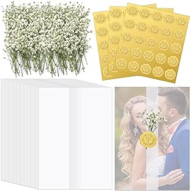 Fabbay 50 Sets Wedding Invitations Wraps Set Pre Folded Vellum Jackets for 5x7 Invitations Natural Dried Pressed Flowers Gold Self Adhesive Envelope Seal Stickers for Wedding Craft DIY