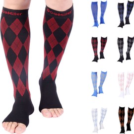 Doc Miller Calcetines de compresión de punta abierta para mujer de 20 a 30 mmHg, calcetines sin dedos para mujeres y hombres, recuperación de la fatiga, espinillas, edema y venas varicosas, 1 par grande, diseño de argilo rojo y negro