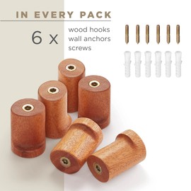 FANATU Wooden Coat Hook Wall Mounted (6 Packs) Hat Hooks, Single Coat Hat Rack Wall Mount, Wood Coat Hanger for Hanging Hat, Towel, Bag, Rope (Brown, 2" Set 6)